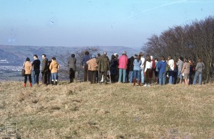 GNTs (Glamorgan Naturalists' Trust members) looking into Caerphilly Basin from Thornhill, February 1978