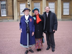 Mary Gillham with her newly awarded MBE alongside Goddaughter Rosemary and Rosemary's husband David, 2008.