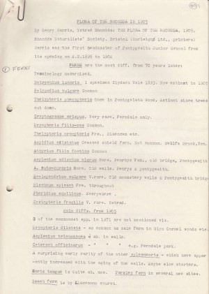 An example of the data from one of Mary's folders - this a document Mary typed up from a scientific paper originally published in 1950 call The Flora Of The Rhondda.