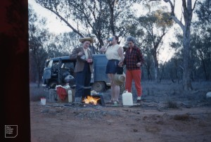 6.45am following breakfast on 5th day. Between Riversleigh and Charleville. 1/4 second exposure. Queensland. Desert trek, August 1958 [Mary GIllham, Prue Dempster, Lorna Trist]